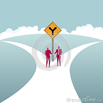 Businessmen shake hands at the fork road. Business cooperation concept. Vector Illustration